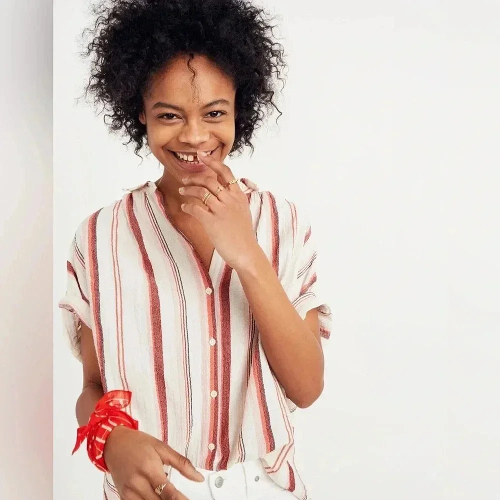 Madewell Pink Red Valentine Albee Striped Central Button Down Short Sleeve Shirt